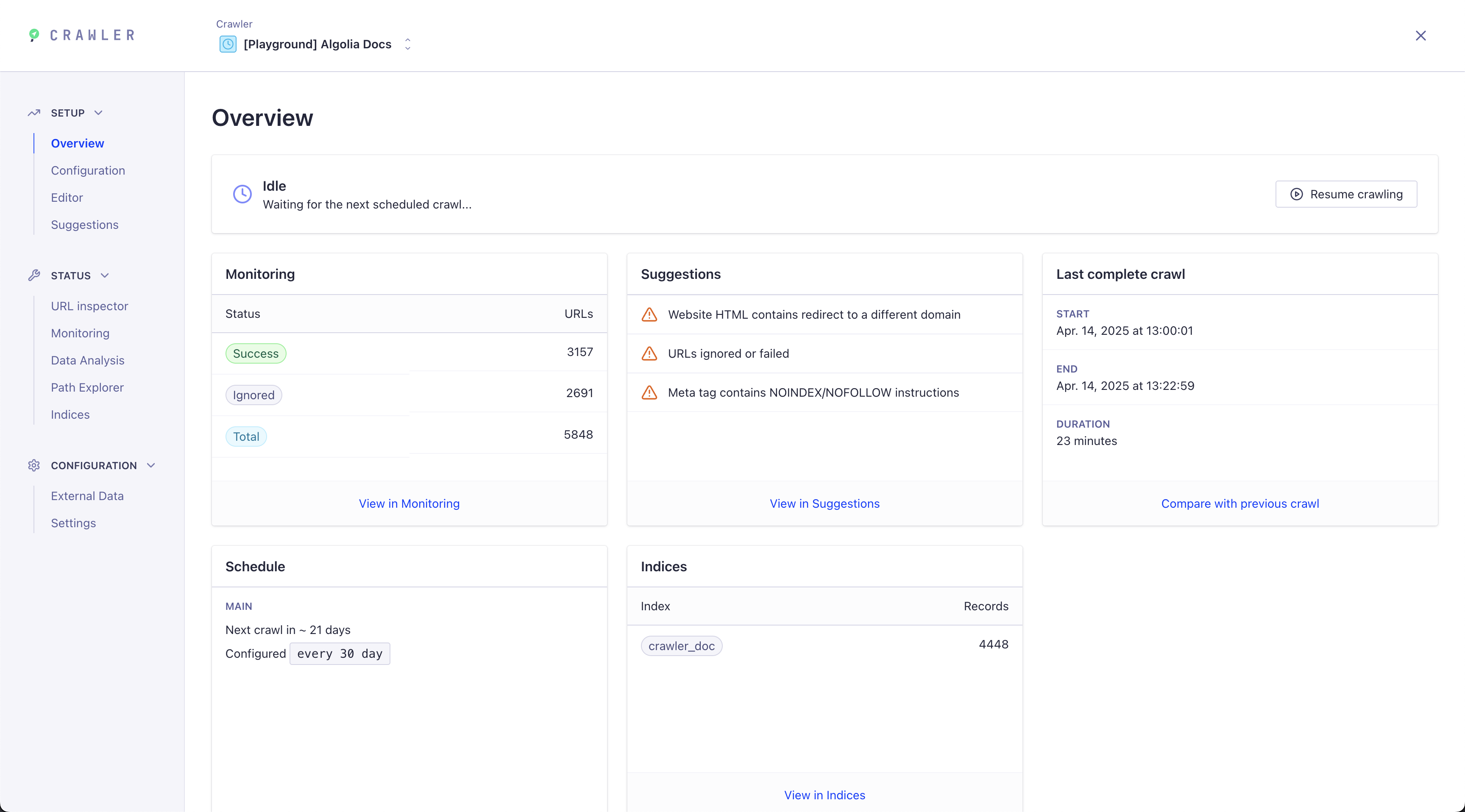 Algolia Crawler Visual UI Overview